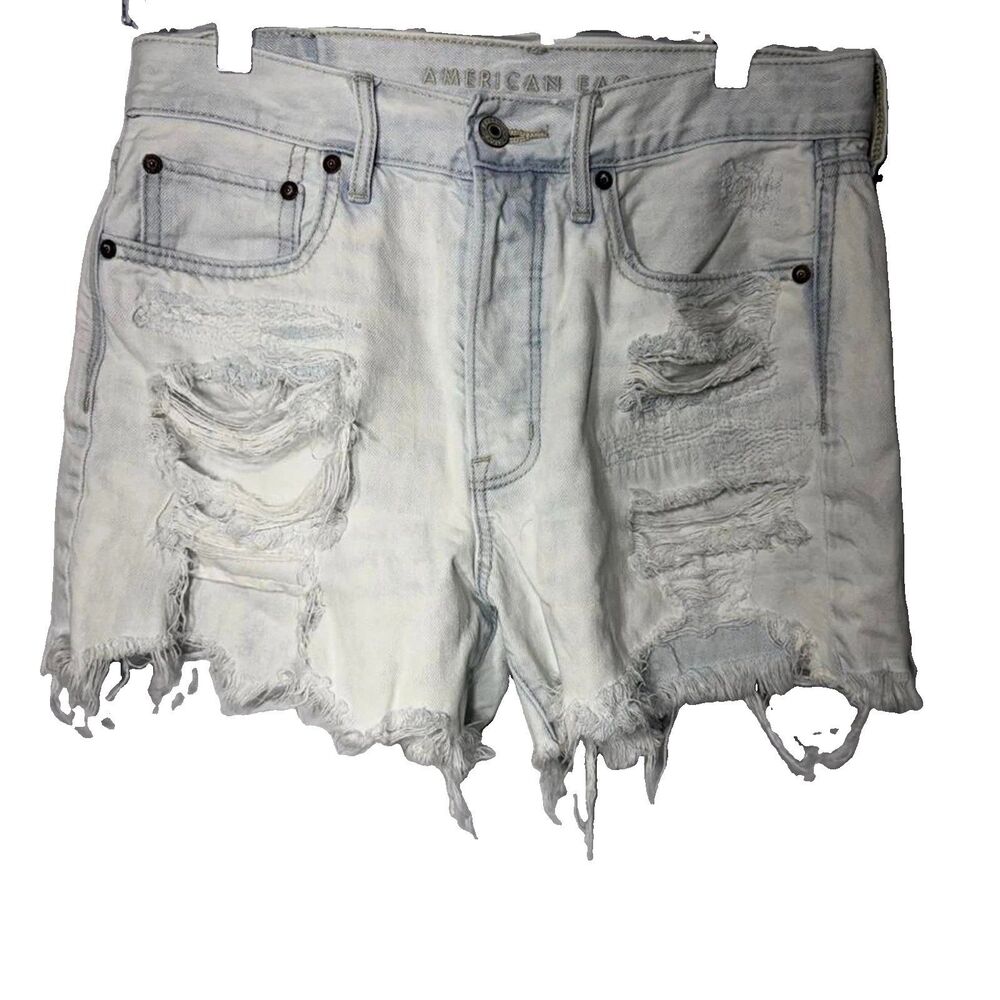 American Eagle Women's 6 High Waisted Blue Denim Ripped Frayed Jean Shorts